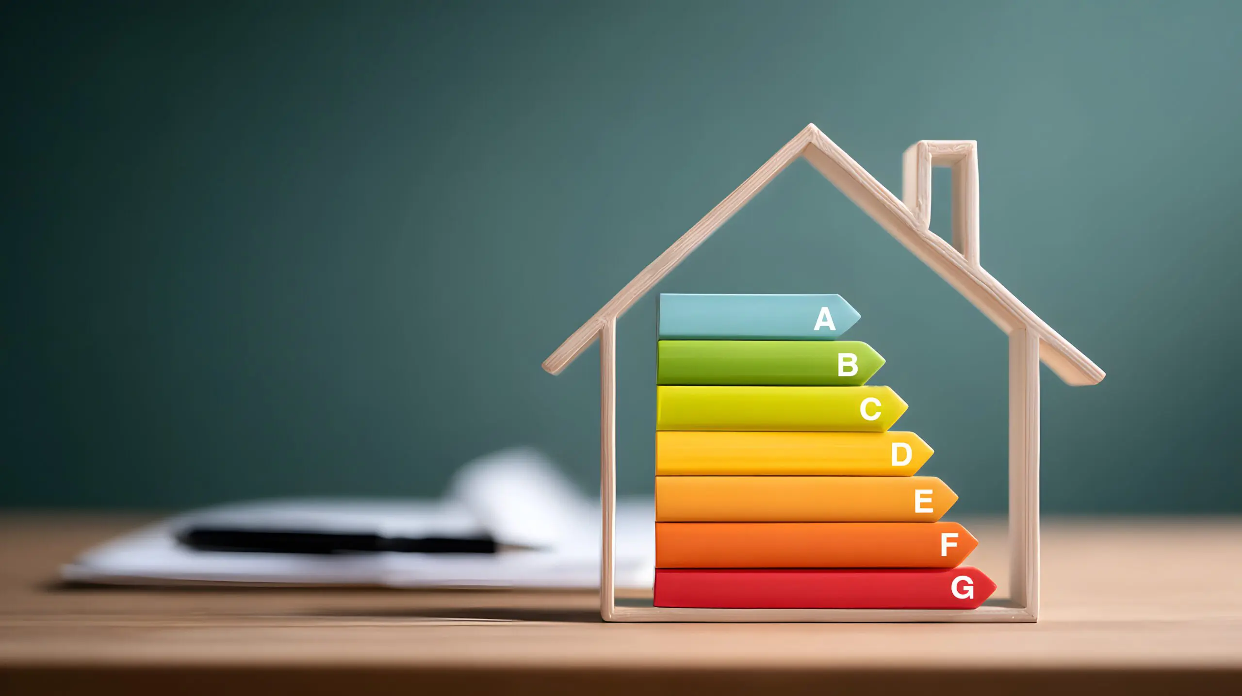 Diagnostic de performance énergétique (DPE) d'une maison avec un graphique coloré sur une table en bois